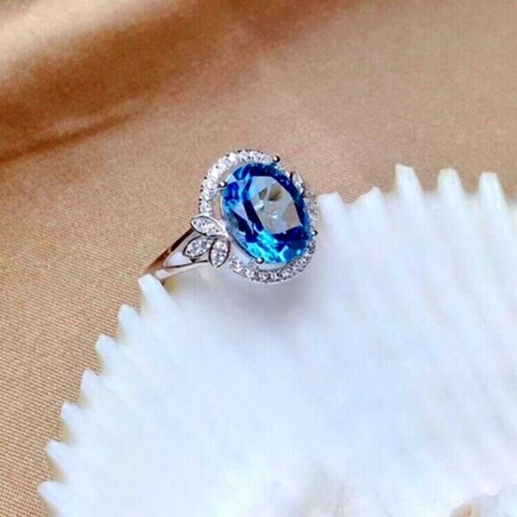 Oval Cut Blue Halo Sapphire Ring  Clear White Baguette Diamonds on 925 Silver - Picture 2 of 3